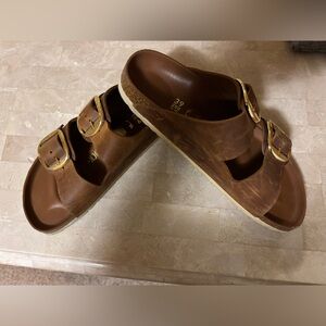 Birkenstocks tan/ Brown Leather Sandals with Gold Buckles